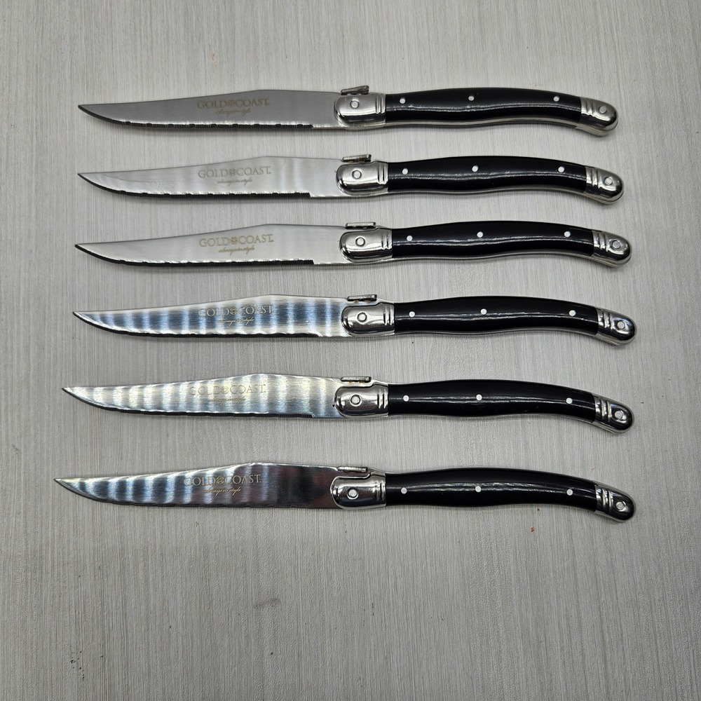 Gold Coast Steak Knife Set 6 Piece Black Handle Stainless Steel Serrated 9 inch